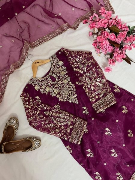 Plum Silk Suit Set with Sequin Embroidery and Dupatta Festive 3 Piece Outfit Ready To Wear Collection