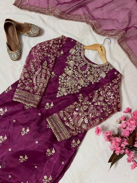 Plum Silk Suit Set with Sequin Embroidery and Dupatta Festive 3 Piece Outfit Ready To Wear Collection