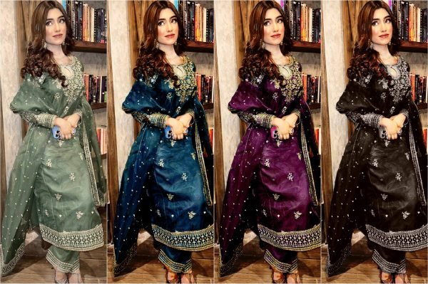 Plum Silk Suit Set with Sequin Embroidery and Dupatta Festive 3 Piece Outfit Ready To Wear Collection