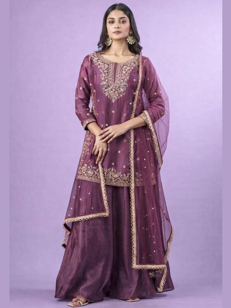 Plum Wine Fandy Silk Embroidered Top Palazzo Set with Net Dupatta At Direct Price  Ready To Wear Suit