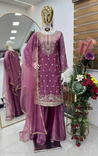 Plum Wine Fandy Silk Embroidered Top Palazzo Set with Net Dupatta At Direct Price  Ready To Wear Collection