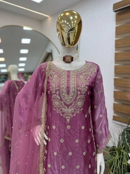 Plum Wine Fandy Silk Embroidered Top Palazzo Set with Net Dupatta At Direct Price  Ready To Wear Collection