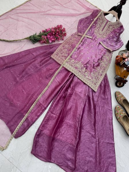 Plum Wine Fandy Silk Embroidered Top Palazzo Set with Net Dupatta At Direct Price  Ready To Wear Collection