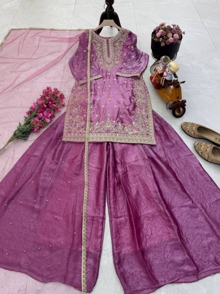 Plum Wine Fandy Silk Embroidered Top Palazzo Set with Net Dupatta At Direct Price  Ready To Wear Collection