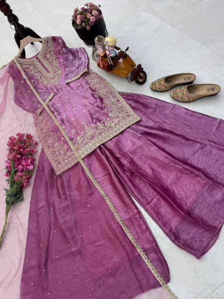 Plum Wine Fandy Silk Embroidered Top Palazzo Set with Net Dupatta At Direct Price  Ready To Wear Collection