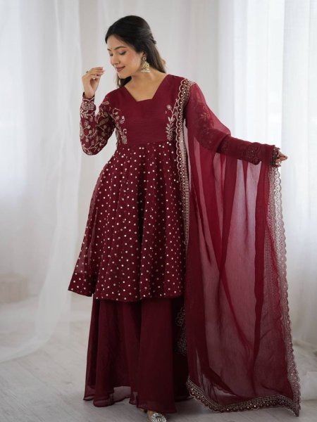Wedding Special Maroon Silk Sharara Suit with Embroidery Dupatta Plus Size Available Kurtis