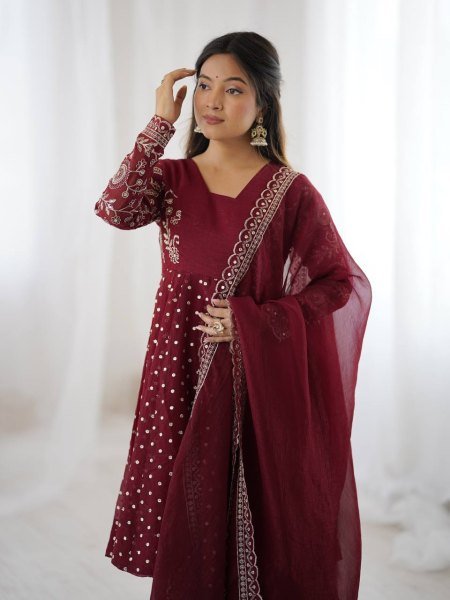 Wedding Special Maroon Silk Sharara Suit with Embroidery Dupatta Plus Size Available Plus Size Kurti / Gown