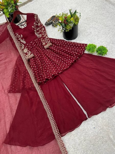 Wedding Special Maroon Silk Sharara Suit with Embroidery Dupatta Plus Size Available Plus Size Kurti / Gown