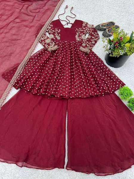 Wedding Special Maroon Silk Sharara Suit with Embroidery Dupatta Plus Size Available Plus Size Kurti / Gown