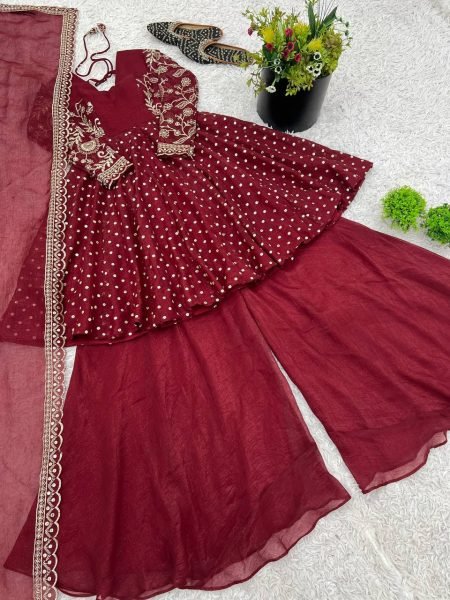 Wedding Special Maroon Silk Sharara Suit with Embroidery Dupatta Plus Size Available Plus Size Kurti / Gown