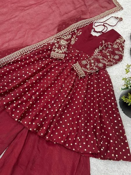 Wedding Special Maroon Silk Sharara Suit with Embroidery Dupatta Plus Size Available Plus Size Kurti / Gown