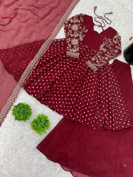 Wedding Special Maroon Silk Sharara Suit with Embroidery Dupatta Plus Size Available Plus Size Kurti / Gown