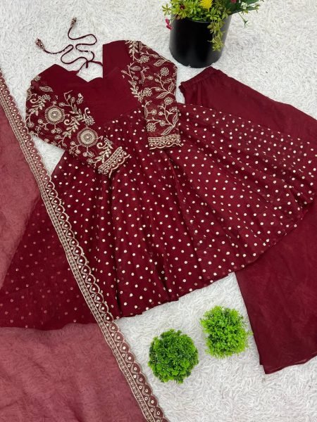 Wedding Special Maroon Silk Sharara Suit with Embroidery Dupatta Plus Size Available Plus Size Kurti / Gown