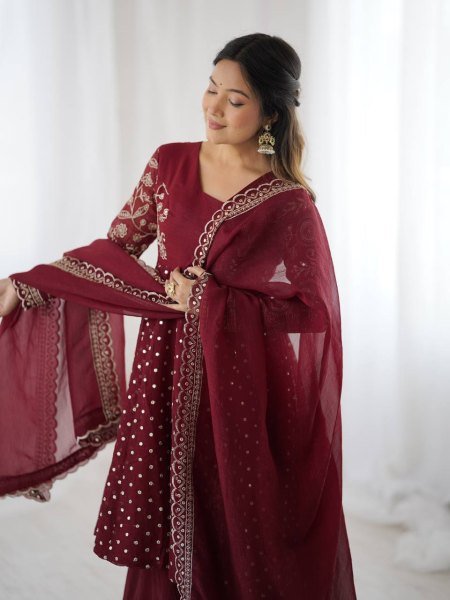 Wedding Special Maroon Silk Sharara Suit with Embroidery Dupatta Plus Size Available Plus Size Kurti / Gown