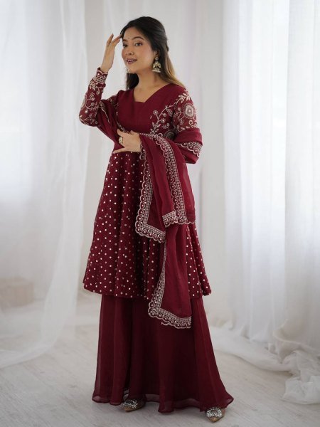 Wedding Special Maroon Silk Sharara Suit with Embroidery Dupatta Plus Size Available Plus Size Kurti / Gown