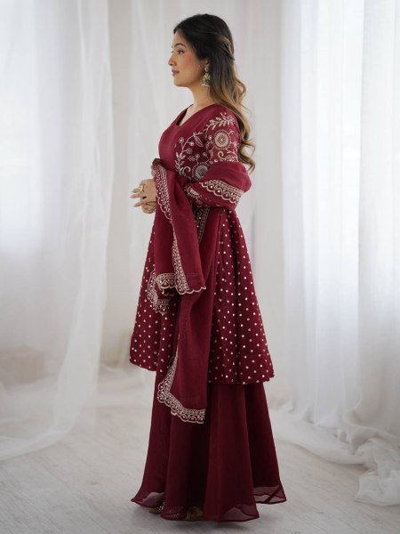 Wedding Special Maroon Silk Sharara Suit with Embroidery Dupatta Plus Size Available Plus Size Kurti / Gown