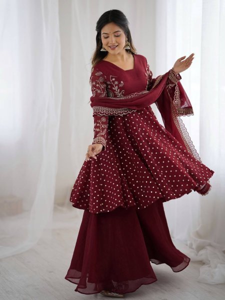 Wedding Special Maroon Silk Sharara Suit with Embroidery Dupatta Plus Size Available Plus Size Kurti / Gown