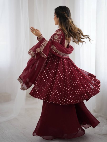 Wedding Special Maroon Silk Sharara Suit with Embroidery Dupatta Plus Size Available Plus Size Kurti / Gown