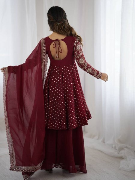 Wedding Special Maroon Silk Sharara Suit with Embroidery Dupatta Plus Size Available Plus Size Kurti / Gown