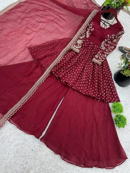 Wedding Special Maroon Silk Sharara Suit with Embroidery Dupatta Plus Size Available Plus Size Kurti / Gown