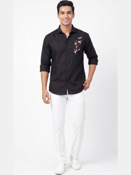 Plush Black Premium Casual Wear Linen Shirt for Men with Rich Detailing For Causal Wear 