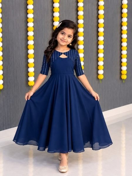 Plush Blue Designer Kids Gown and Coat Set in Vichithra Silk for Festival Wear