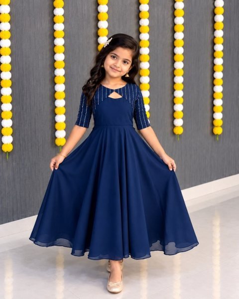 Plush Blue Designer Kids Gown and Coat Set in Vichithra Silk for Festival Wear Girls Wear