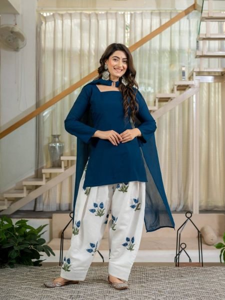 Plush Blue Party Wear Heavy Roman Cotton Top with Embroidered Farshi Salwar 