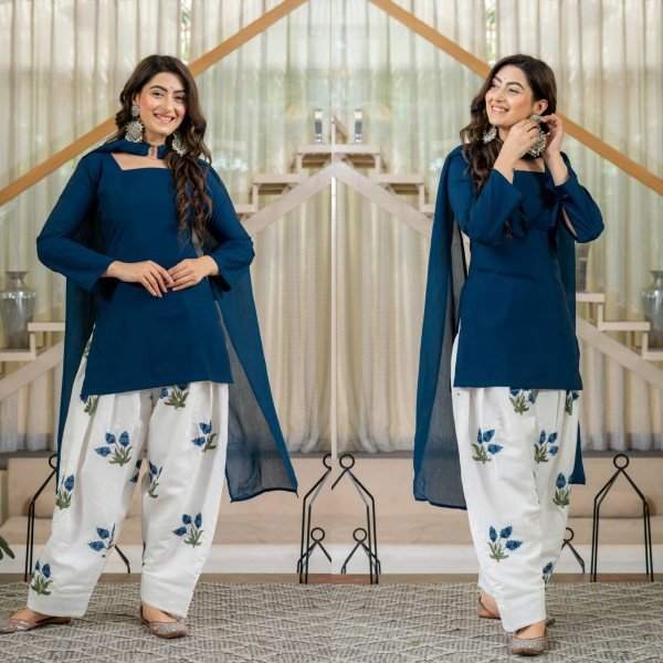 Plush Blue Party Wear Heavy Roman Cotton Top with Embroidered Farshi Salwar Ready To Wear Collection
