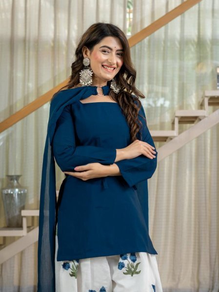 Plush Blue Party Wear Heavy Roman Cotton Top with Embroidered Farshi Salwar Ready To Wear Collection