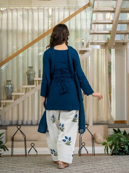 Plush Blue Party Wear Heavy Roman Cotton Top with Embroidered Farshi Salwar Ready To Wear Collection
