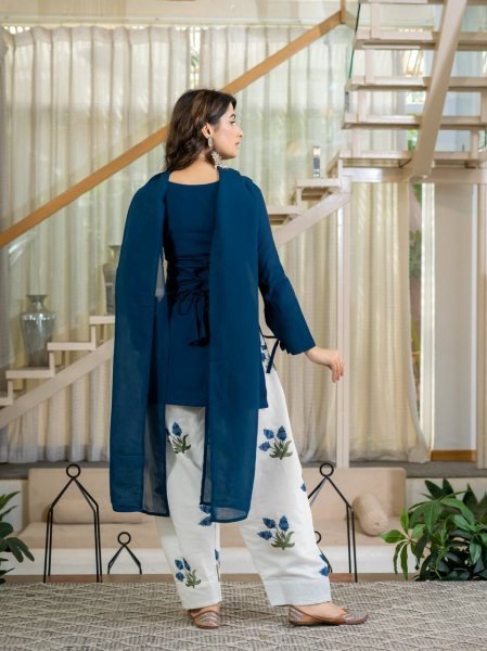 Plush Blue Party Wear Heavy Roman Cotton Top with Embroidered Farshi Salwar Ready To Wear Collection