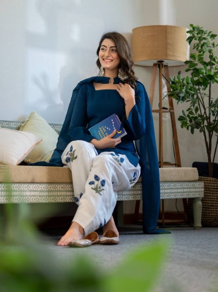 Plush Blue Party Wear Heavy Roman Cotton Top with Embroidered Farshi Salwar Ready To Wear Collection