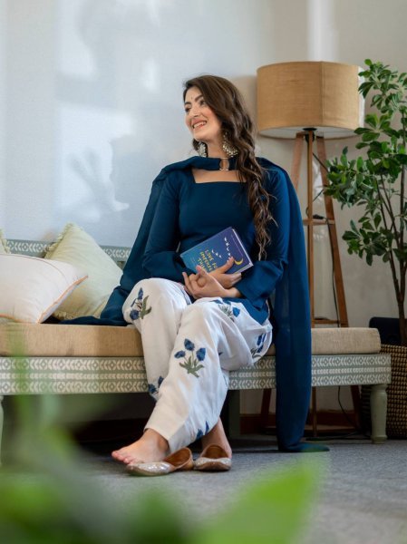 Plush Blue Party Wear Heavy Roman Cotton Top with Embroidered Farshi Salwar Ready To Wear Collection