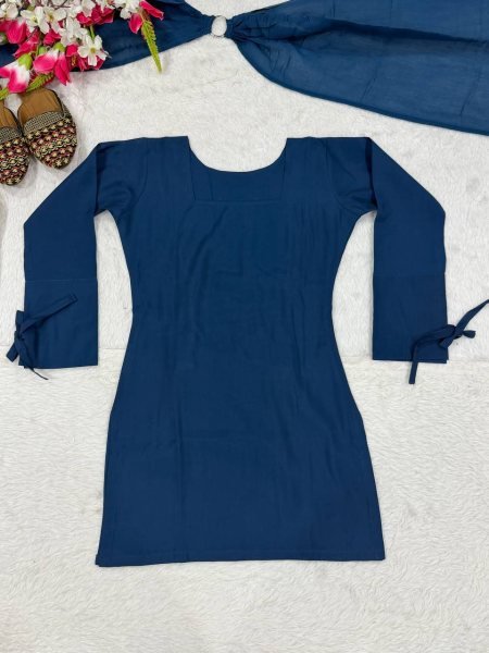 Plush Blue Party Wear Heavy Roman Cotton Top with Embroidered Farshi Salwar Ready To Wear Collection