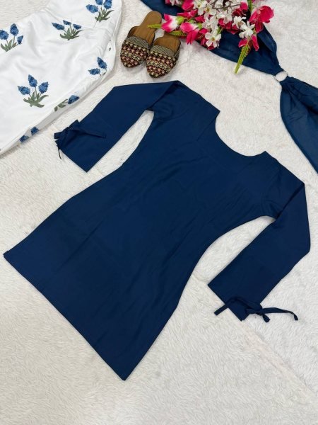 Plush Blue Party Wear Heavy Roman Cotton Top with Embroidered Farshi Salwar Ready To Wear Collection