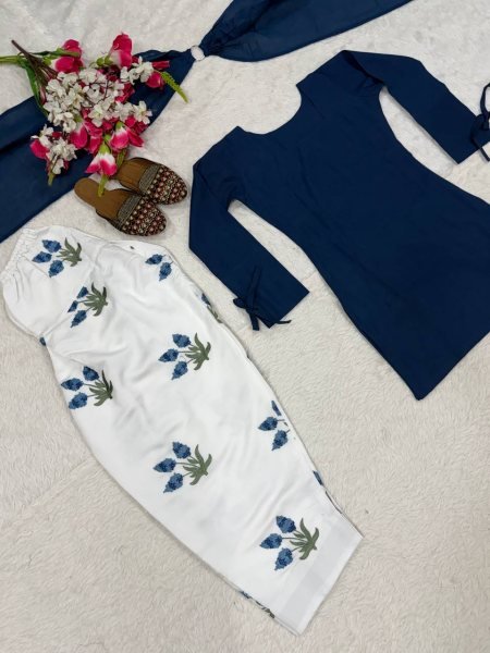 Plush Blue Party Wear Heavy Roman Cotton Top with Embroidered Farshi Salwar Ready To Wear Collection