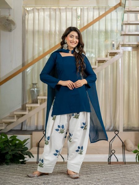 Plush Blue Party Wear Heavy Roman Cotton Top with Embroidered Farshi Salwar Ready To Wear Collection