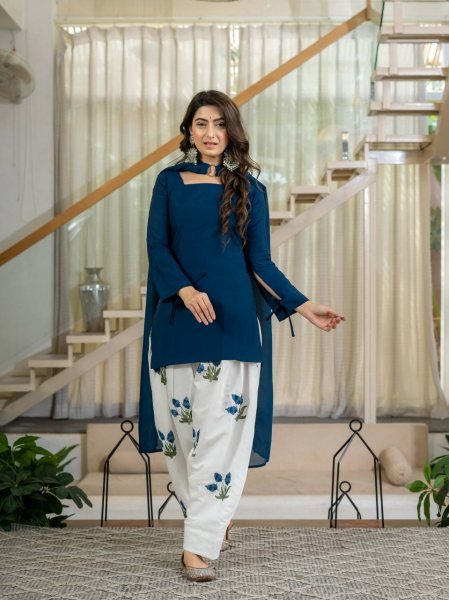 Plush Blue Party Wear Heavy Roman Cotton Top with Embroidered Farshi Salwar Ready To Wear Collection