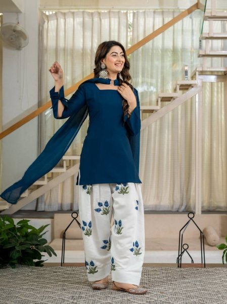 Plush Blue Party Wear Heavy Roman Cotton Top with Embroidered Farshi Salwar Ready To Wear Collection