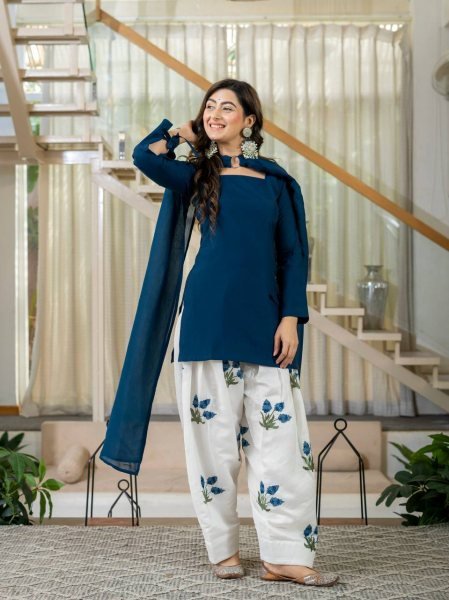 Plush Blue Party Wear Heavy Roman Cotton Top with Embroidered Farshi Salwar Ready To Wear Collection