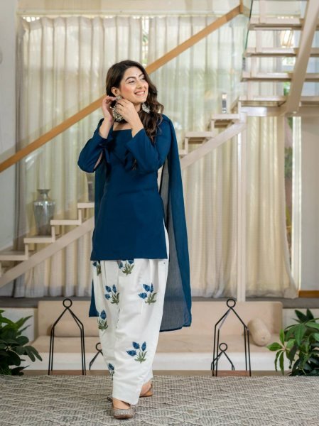 Plush Blue Party Wear Heavy Roman Cotton Top with Embroidered Farshi Salwar Ready To Wear Collection
