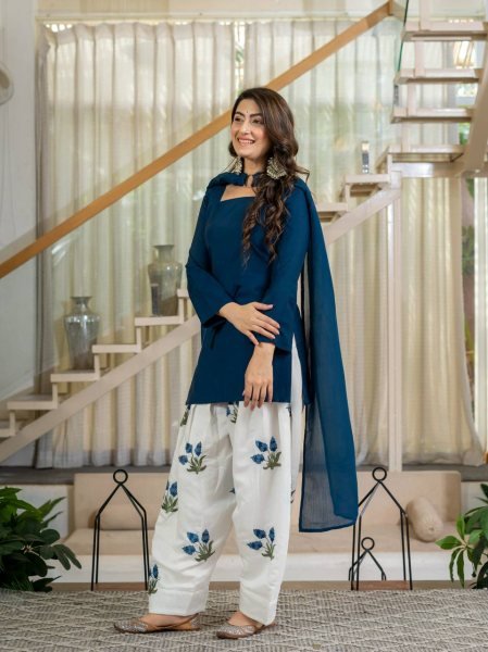 Plush Blue Party Wear Heavy Roman Cotton Top with Embroidered Farshi Salwar Ready To Wear Collection
