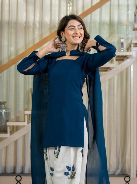 Plush Blue Party Wear Heavy Roman Cotton Top with Embroidered Farshi Salwar Ready To Wear Collection