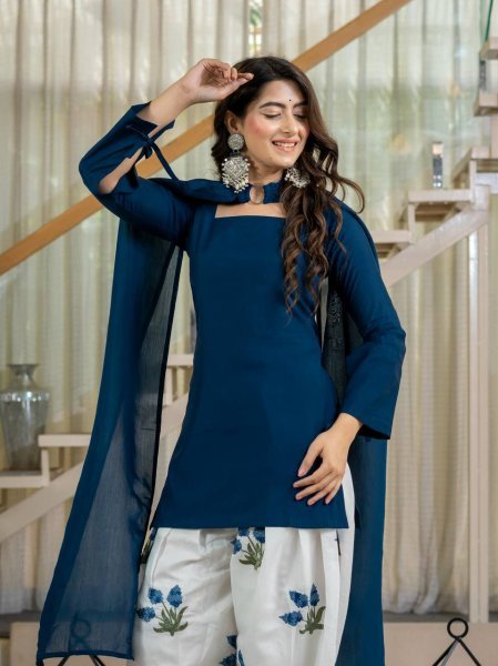 Plush Blue Party Wear Heavy Roman Cotton Top with Embroidered Farshi Salwar Ready To Wear Collection