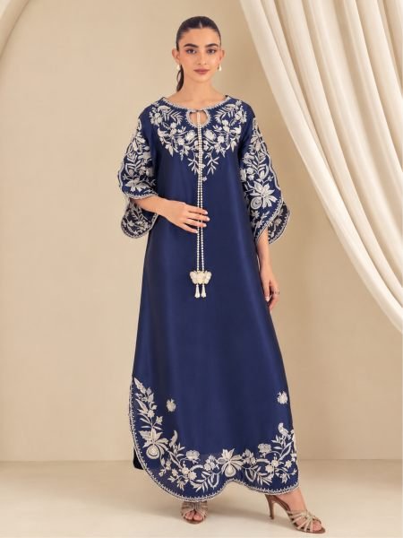 Plush Blue Party Wear Satin Rayon Kaftan Set with Fancy Bell Sleeves for Wholesale Rate Ready To Wear Suit