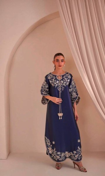 Plush Blue Party Wear Satin Rayon Kaftan Set with Fancy Bell Sleeves for Wholesale Rate Ready To Wear Collection