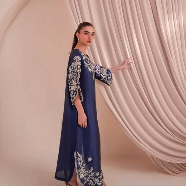 Plush Blue Party Wear Satin Rayon Kaftan Set with Fancy Bell Sleeves for Wholesale Rate Ready To Wear Collection