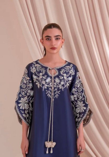Plush Blue Party Wear Satin Rayon Kaftan Set with Fancy Bell Sleeves for Wholesale Rate Ready To Wear Collection