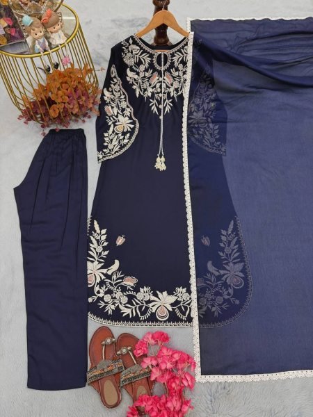 Plush Blue Party Wear Satin Rayon Kaftan Set with Fancy Bell Sleeves for Wholesale Rate Ready To Wear Collection
